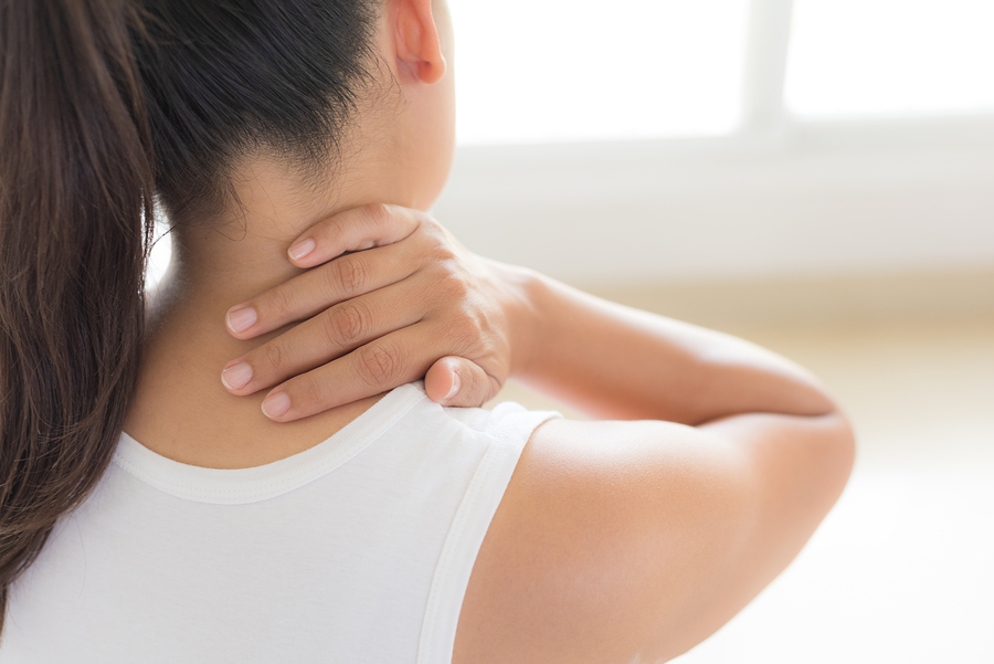 Closeup Woman Neck And Shoulder Pain And Injury. Health Care And